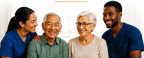 Two caregivers smiling alongside an older man and an older white woman